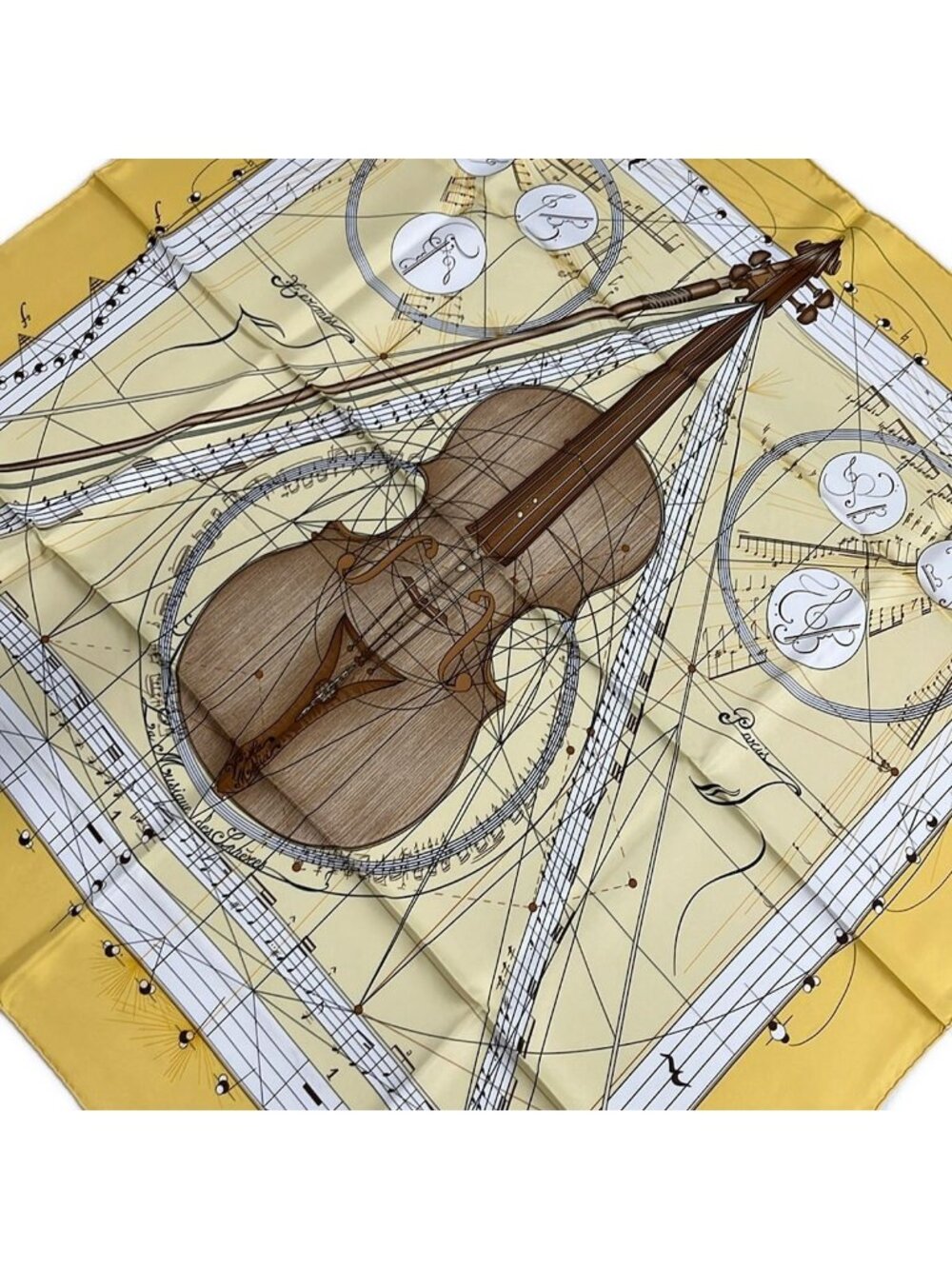 Hermes Scarf Carre 90 Light Yellow Brown Multi la Musique Des Spheres Violin